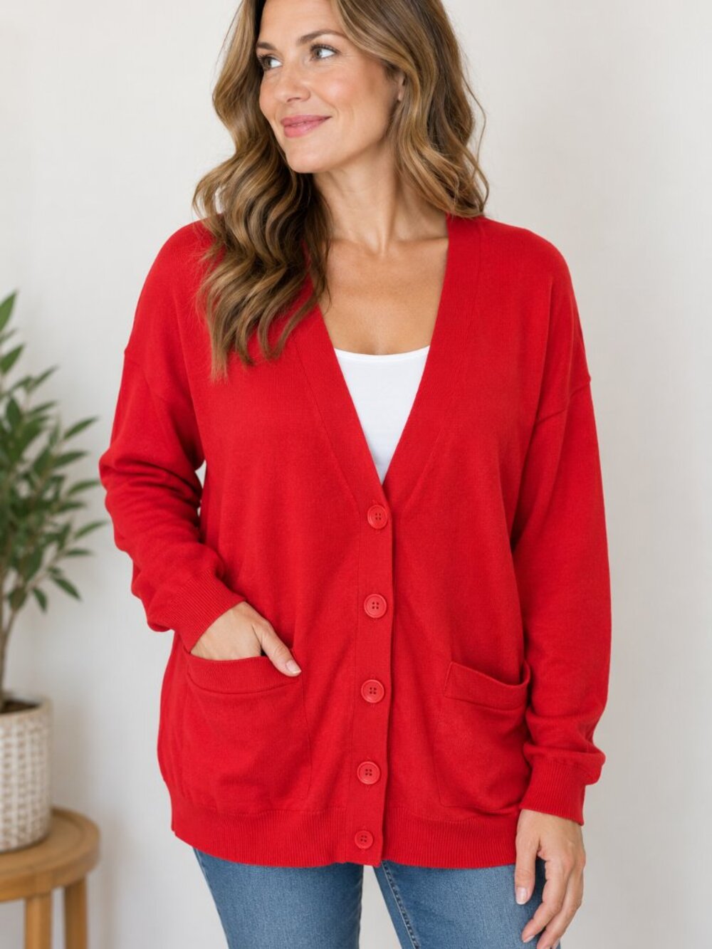 Sarah Spencer Red V Neck Cardigan Sweater Women’s Large Cotton Button Front